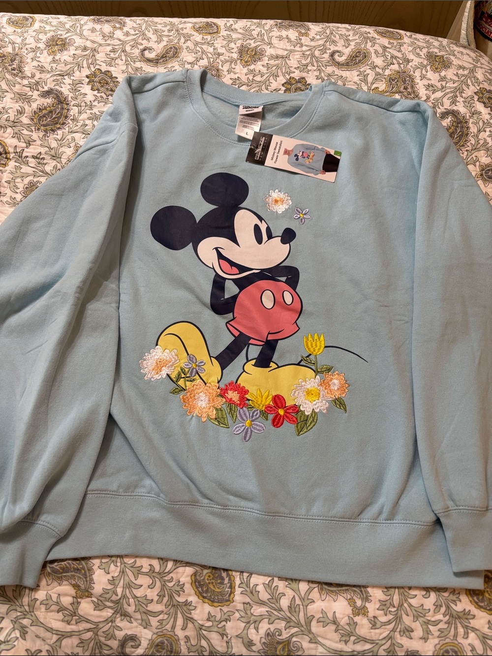 light blue Mickey Mouse crewneck sweatshirt with embroidered floral details NWT